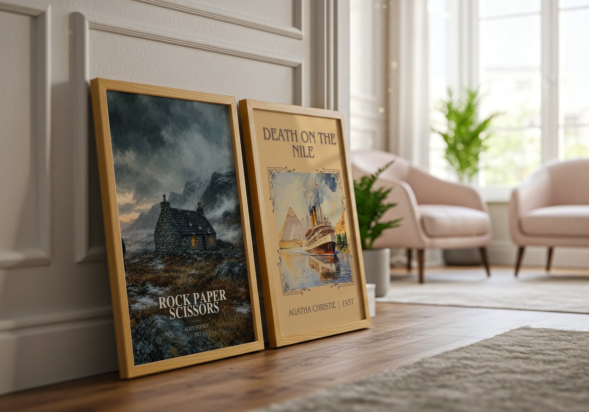 Rock Paper Scissors watercolour print framed by window – literary home decor
