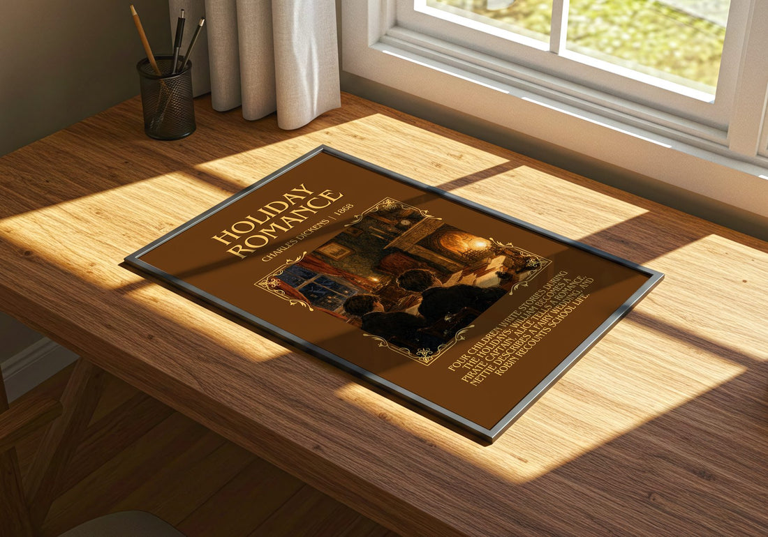 Holiday Romance Minimalist Book Poster by Charles Dickens – print on a sunlit desk