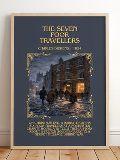 The Seven Poor Travellers Minimalist Book Poster by Charles Dickens – framed print leaning on a wooden floor