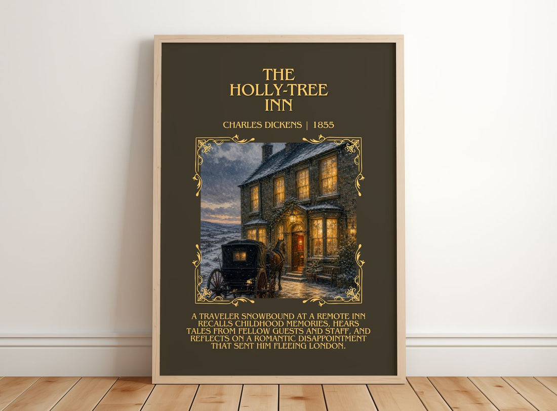 The Holly-Tree Inn Minimalist Book Poster by Charles Dickens – framed print leaning on a wooden floor