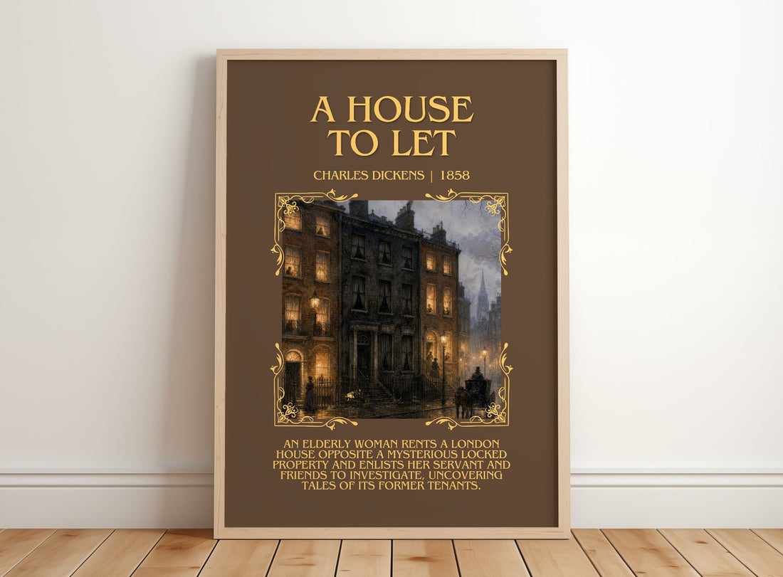 A House To Let Minimalist Book Poster by Charles Dickens – framed print leaning on a wooden floor