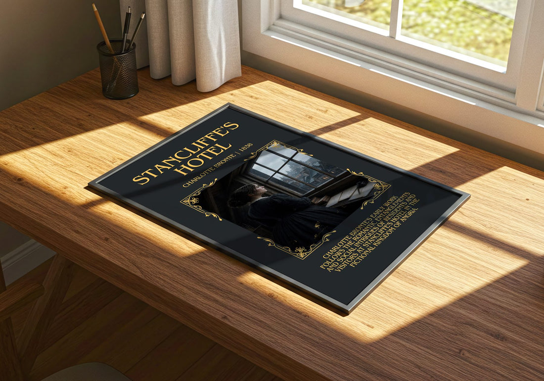 Stancliffe'S Hotel Minimalist Book Poster by Charlotte Brontë – print on a sunlit desk