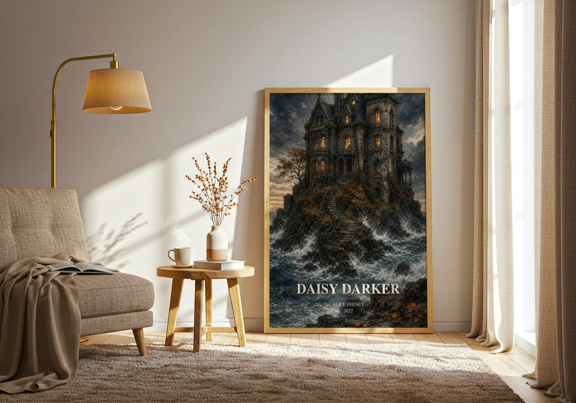 Daisy Darker watercolour print in frame leaning in hallway – thriller wall art