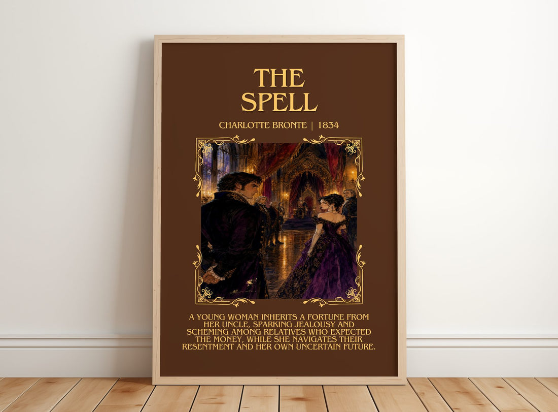 The Spell Minimalist Book Poster by Charlotte Brontë – framed print leaning on a wooden floor