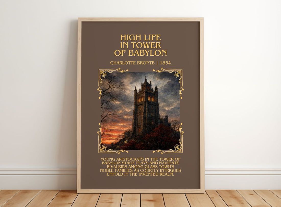 High Life In Tower Of Babylon Minimalist Book Poster by C. Brontë – framed print leaning on a wooden floor