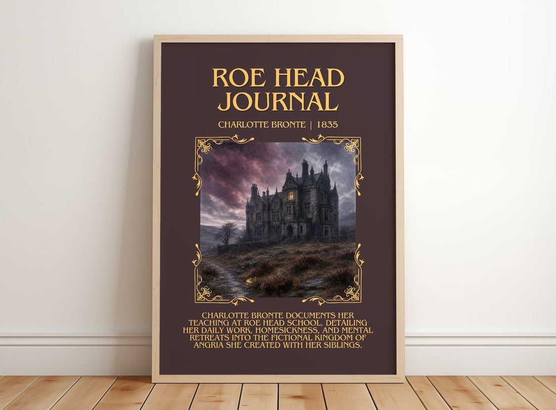 Roe Head Journal Minimalist Book Poster by Charlotte Brontë – framed print leaning on a wooden floor