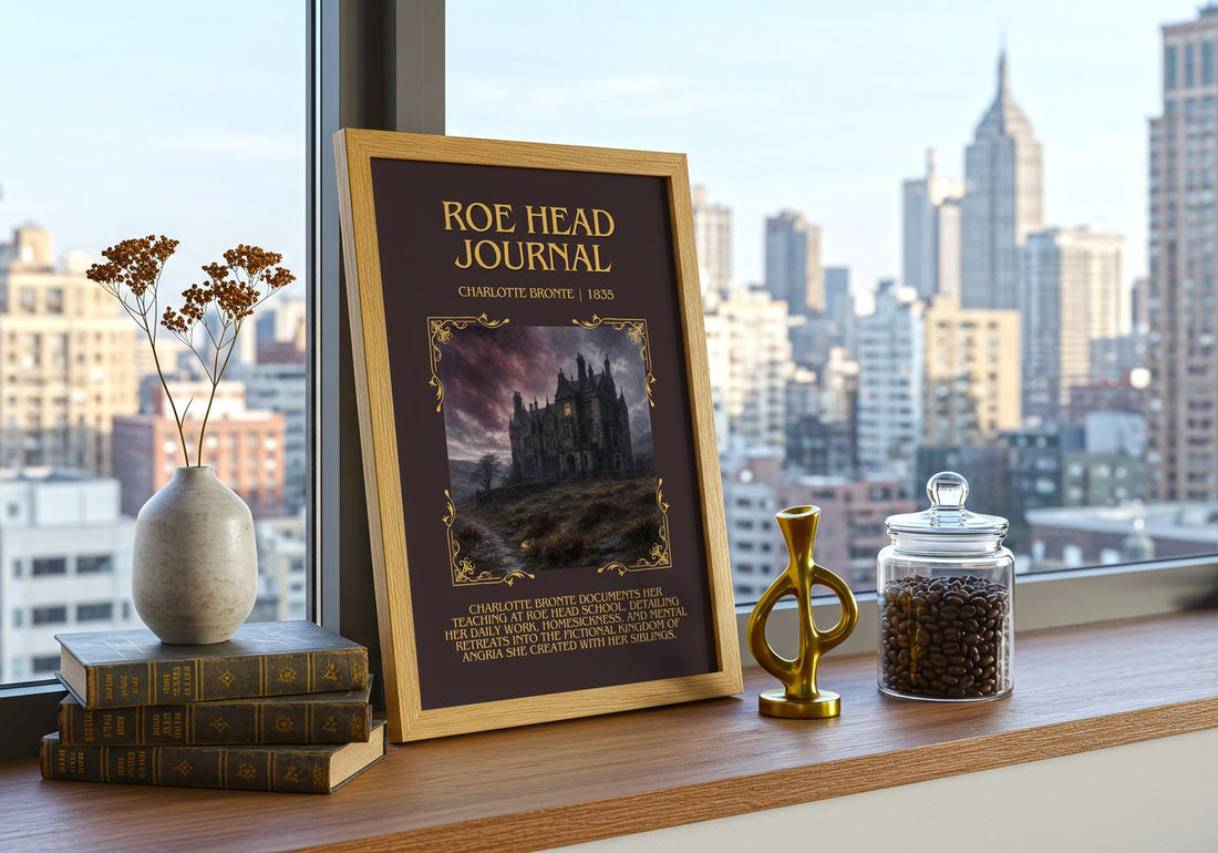 Roe Head Journal Minimalist Book Poster by Charlotte Brontë – framed print on a city-view windowsill