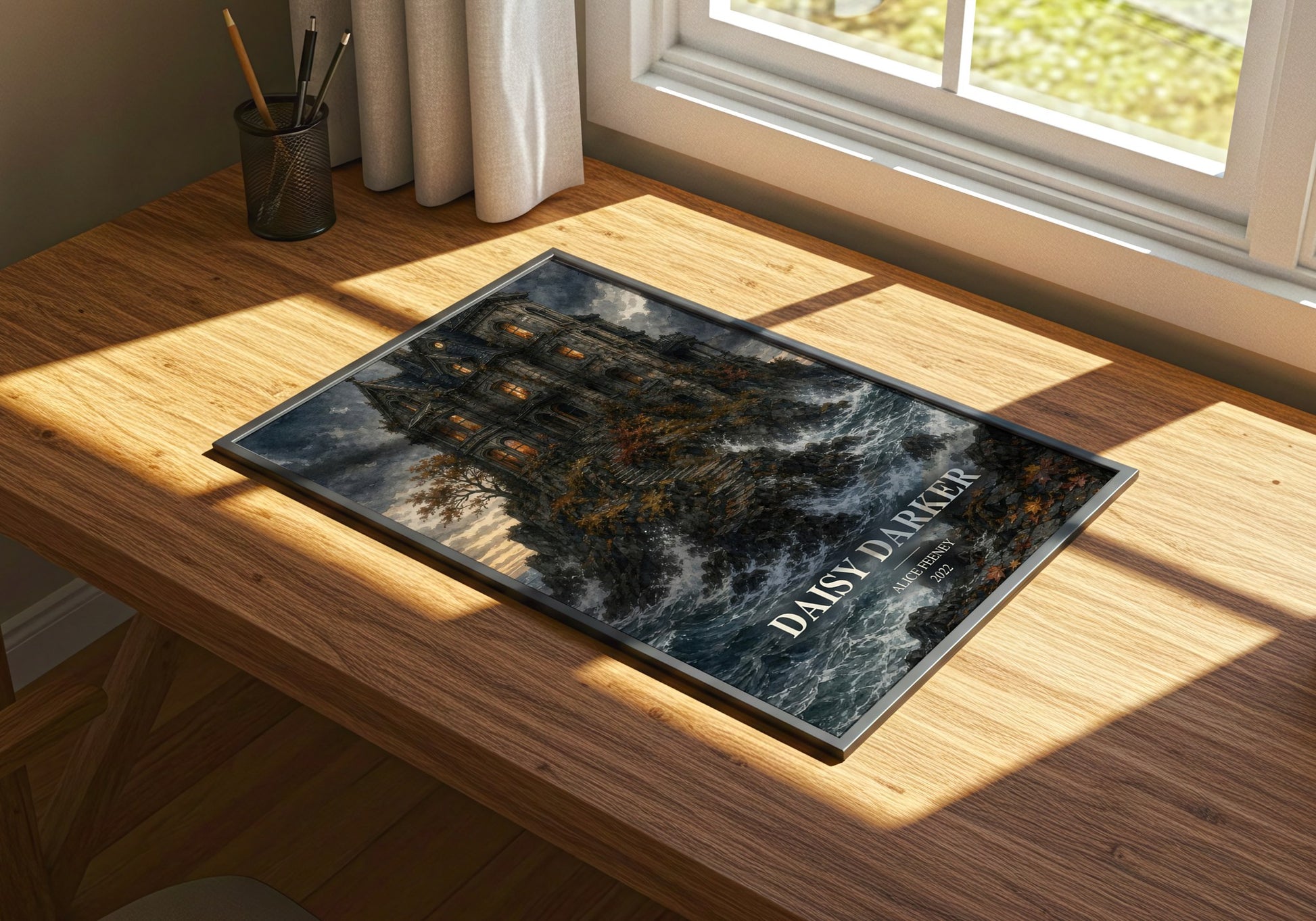 Daisy Darker watercolour book poster framed on wall – thriller wall art