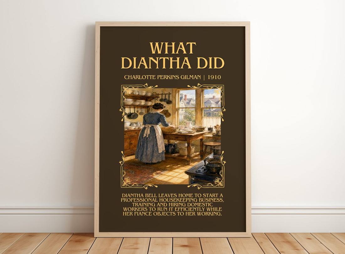 What Diantha Did Minimalist Book Poster by Charlotte Perkins Gilman – framed print leaning on a wooden floor