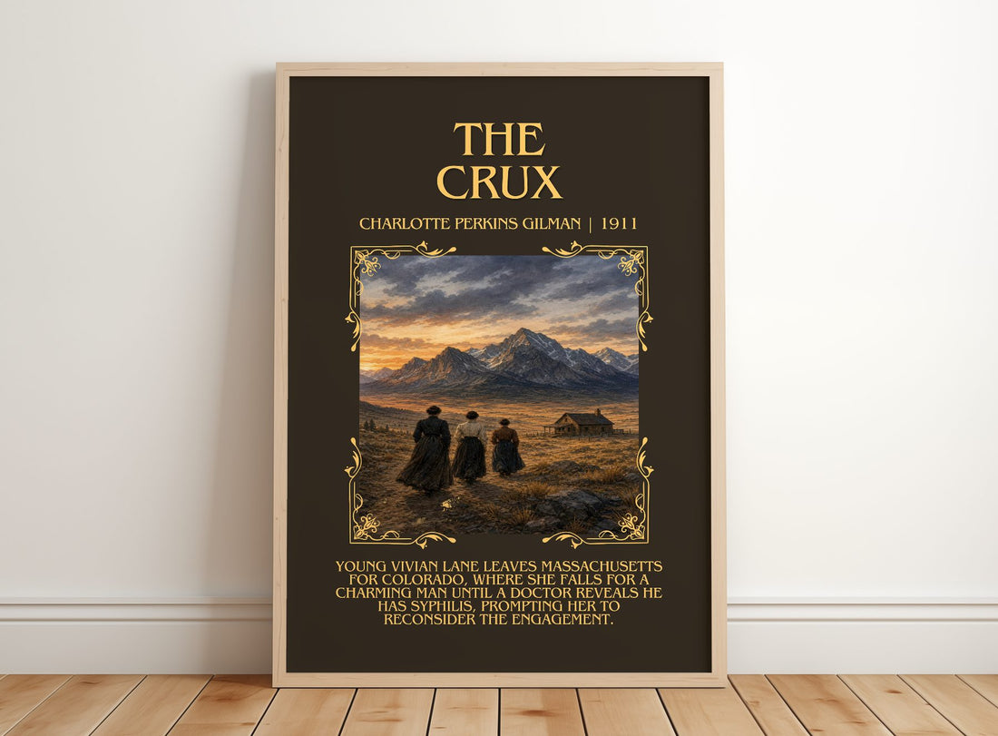 The Crux Minimalist Book Poster by Charlotte Perkins Gilman – framed print leaning on a wooden floor