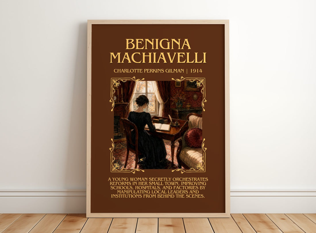 Benigna Machiavelli Minimalist Book Poster by Charlotte Perkins Gilman – framed print leaning on a wooden floor