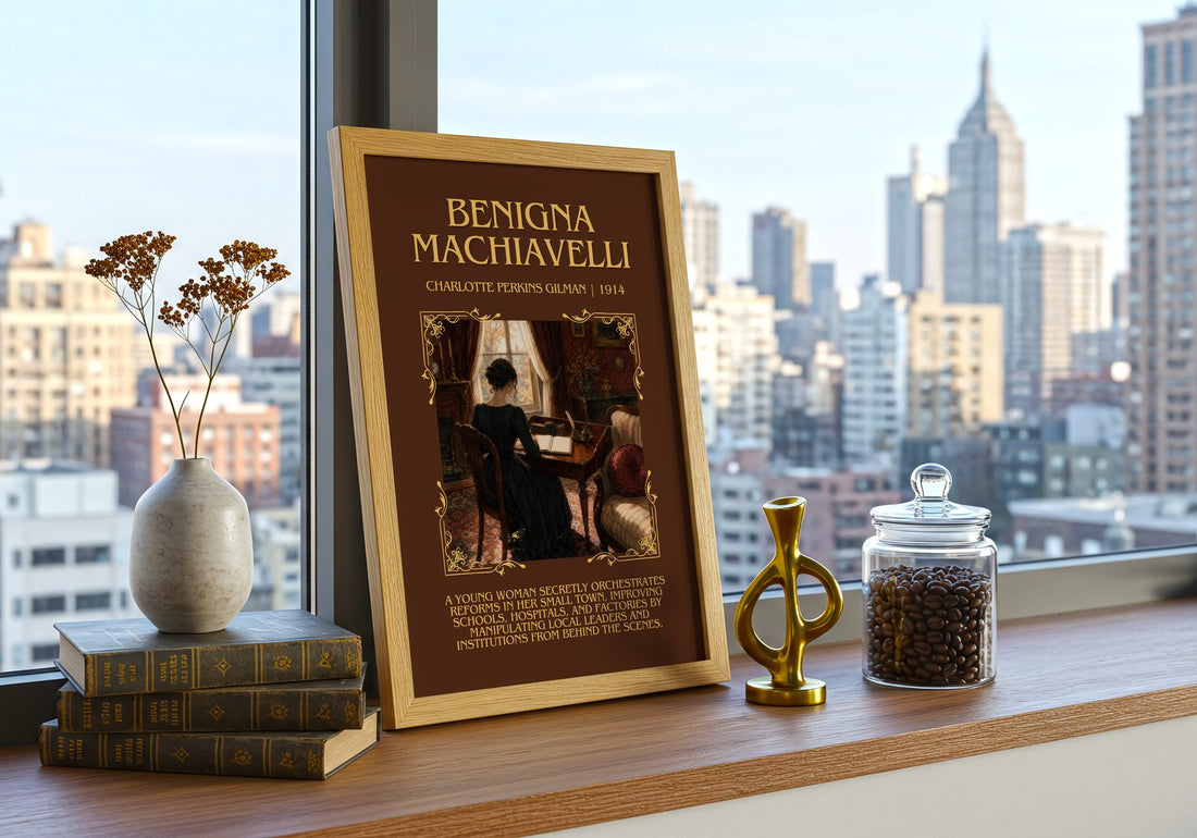 Benigna Machiavelli Minimalist Book Poster by Charlotte Perkins Gilman – framed print on a city-view windowsill