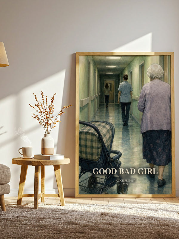 Good Bad Girl watercolour print in frame leaning in hallway – thriller wall art