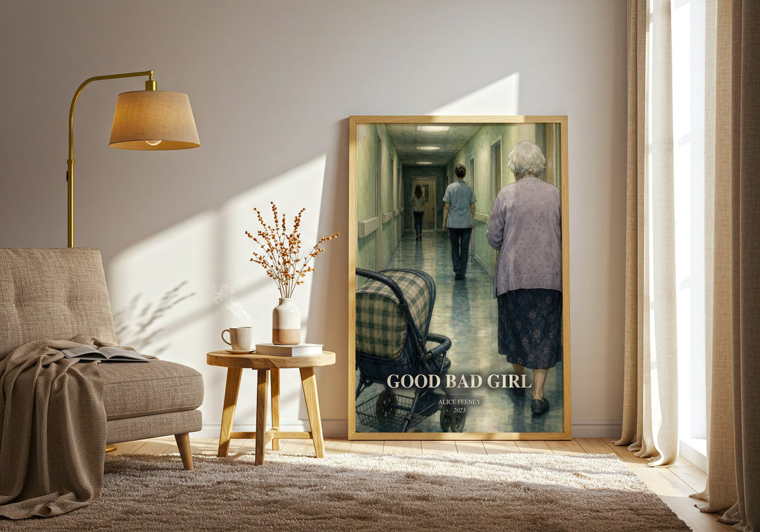 Good Bad Girl watercolour print in frame leaning in hallway – thriller wall art (mockup)