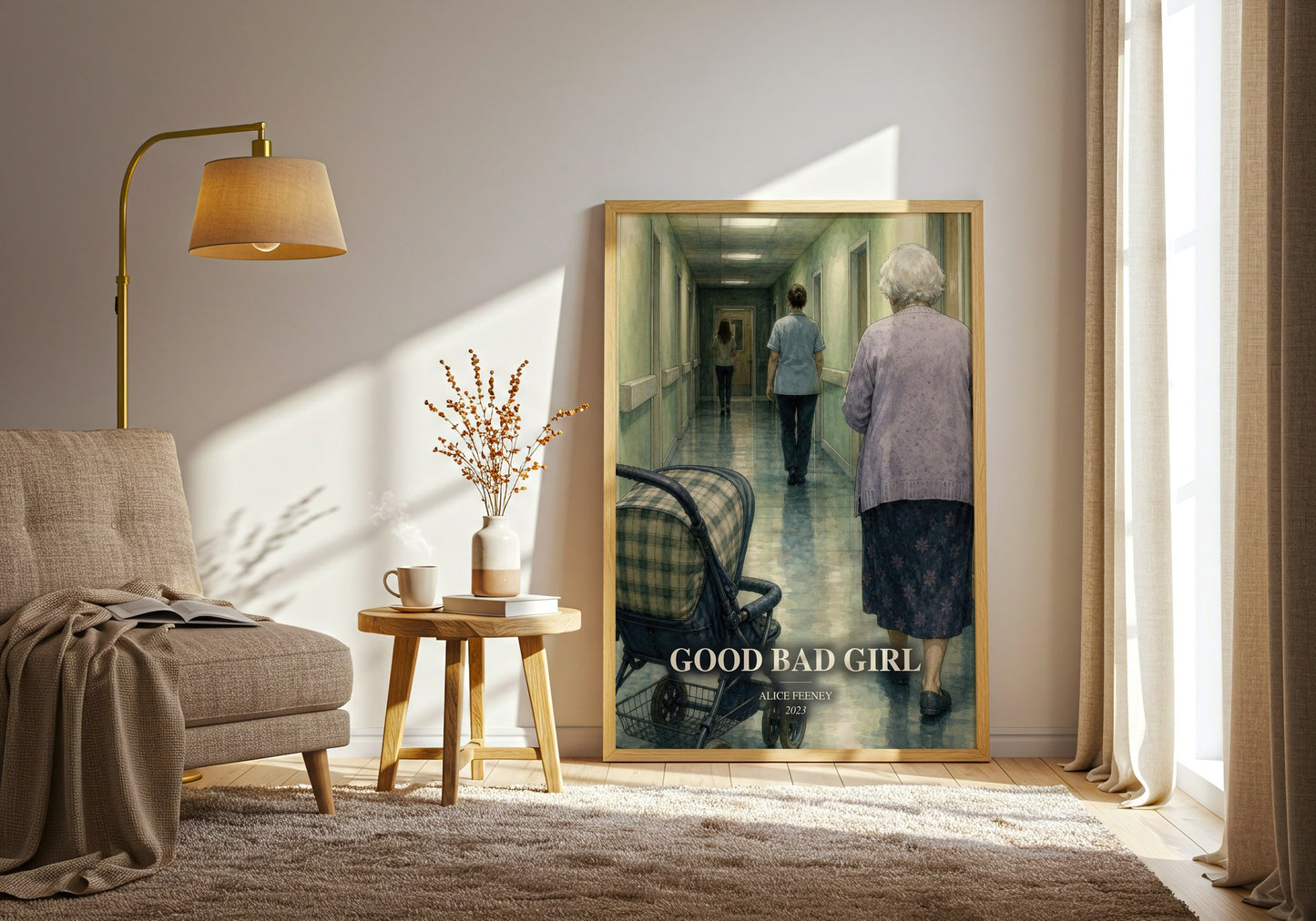 Good Bad Girl watercolour print in frame leaning in hallway – thriller wall art
