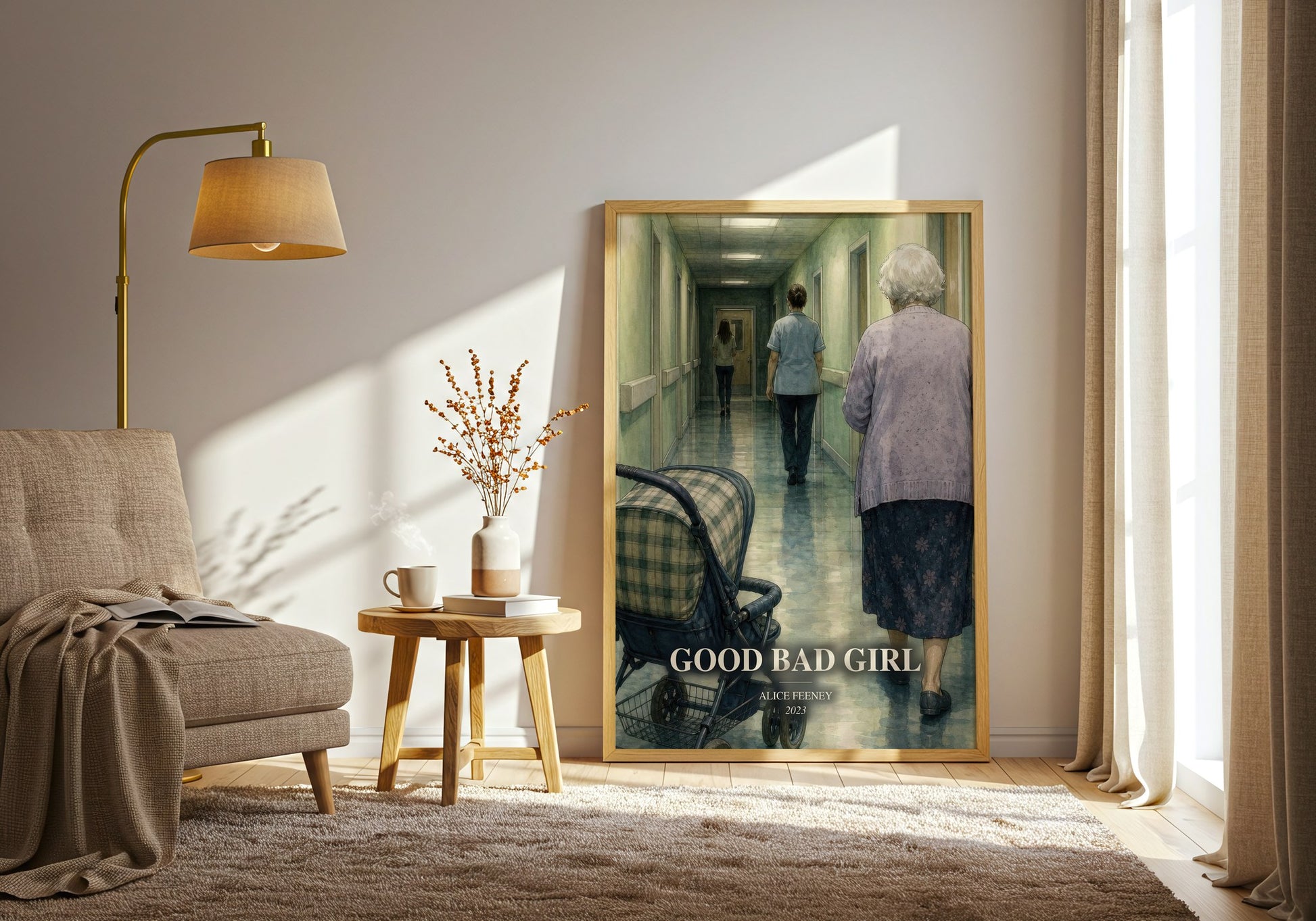 Good Bad Girl watercolour print in frame leaning in hallway – thriller wall art