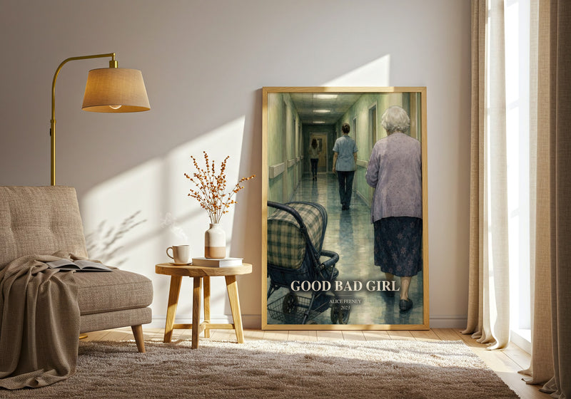 Good Bad Girl watercolour print in frame leaning in hallway – thriller wall art