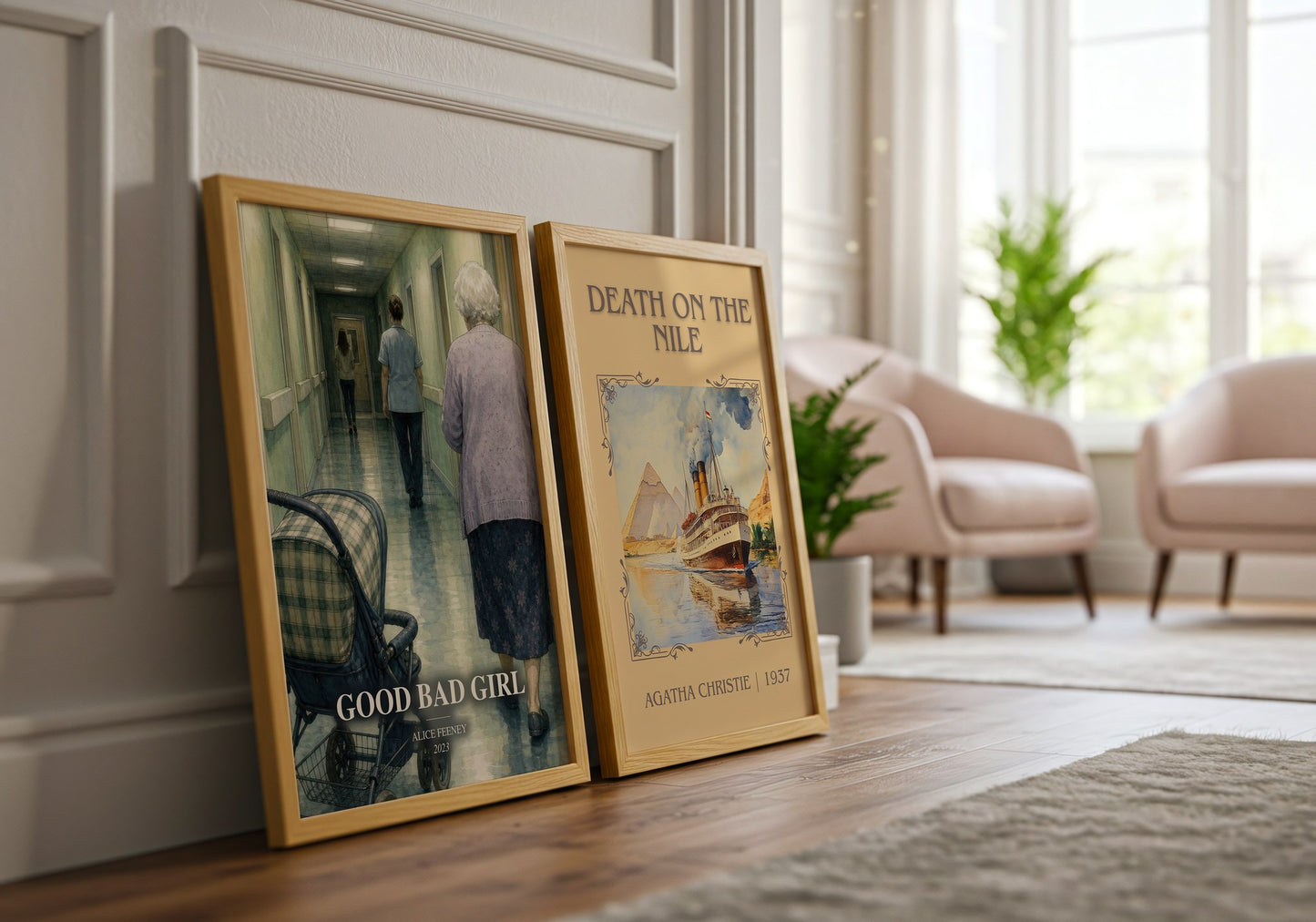Good Bad Girl watercolour print framed by window – literary home decor