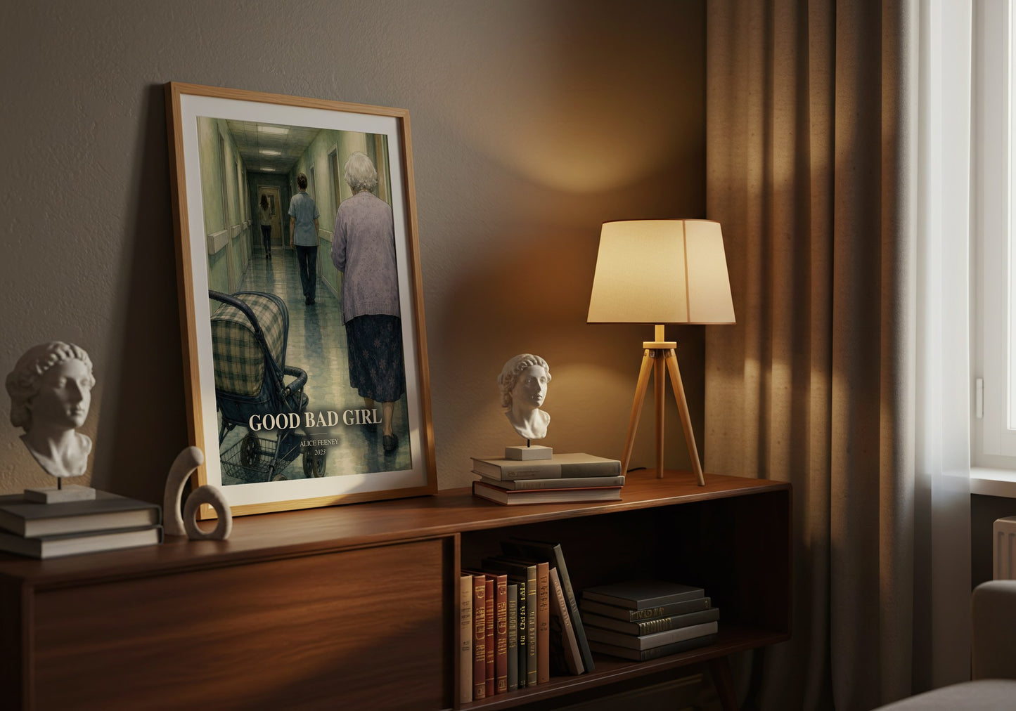 Good Bad Girl watercolour print on bookshelf – Alice Feeney fan gift