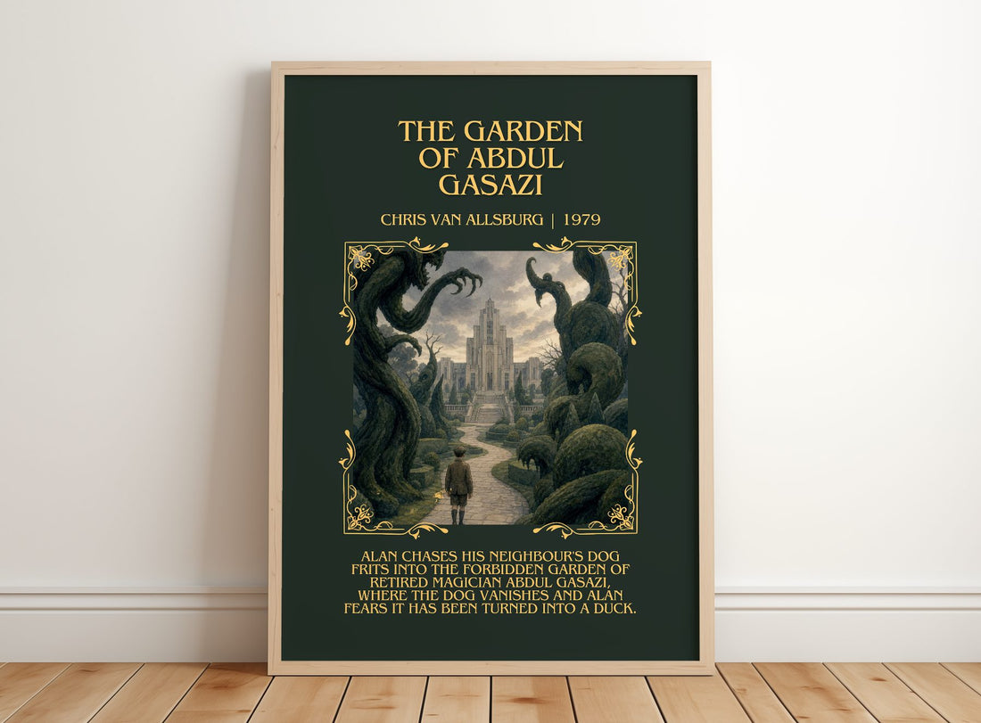 Garden Of Abdul Gasazi Minimalist Book Poster by Chris Van Allsburg – framed print leaning on a wooden floor