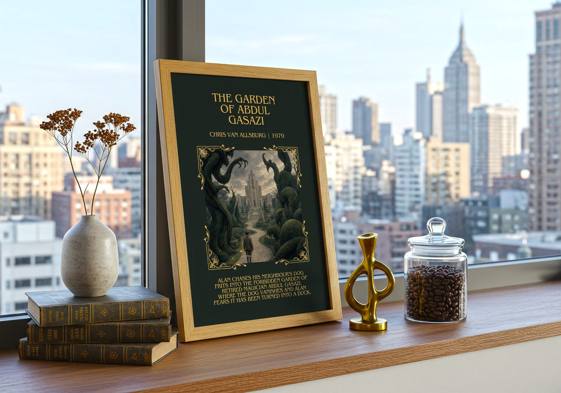 Garden Of Abdul Gasazi Minimalist Book Poster by Chris Van Allsburg – framed print on a city-view windowsill