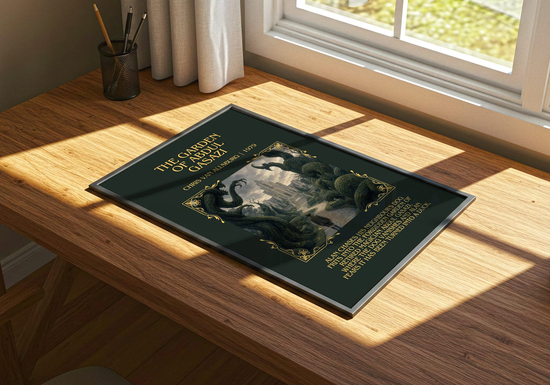 Garden Of Abdul Gasazi Minimalist Book Poster by Chris Van Allsburg – print on a sunlit desk