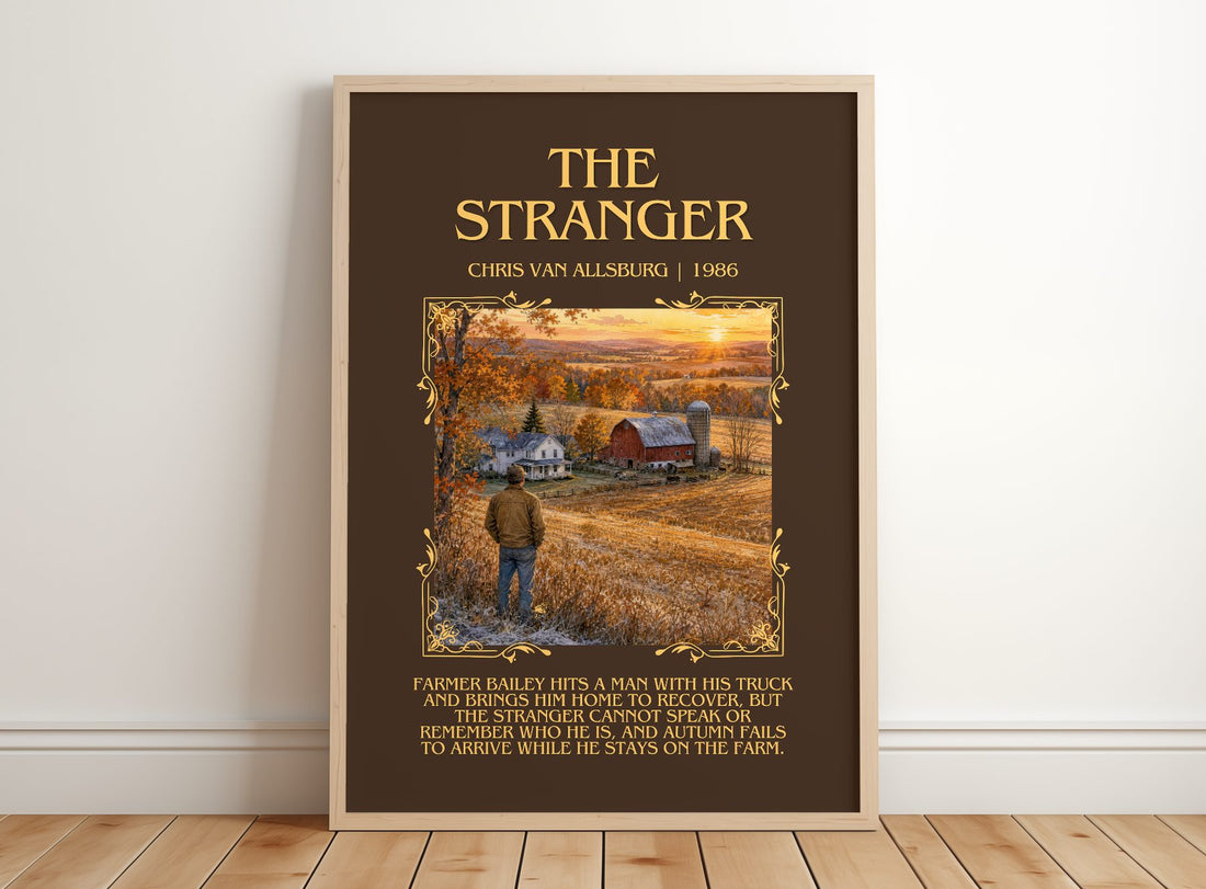 The Stranger Minimalist Book Poster by Chris Van Allsburg – framed print leaning on a wooden floor