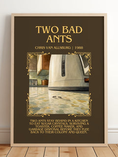 Two Bad Ants Minimalist Book Poster by Chris Van Allsburg – framed print leaning on a wooden floor