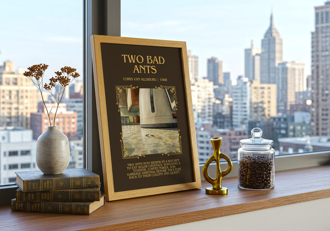 Two Bad Ants Minimalist Book Poster by Chris Van Allsburg – framed print on a city-view windowsill