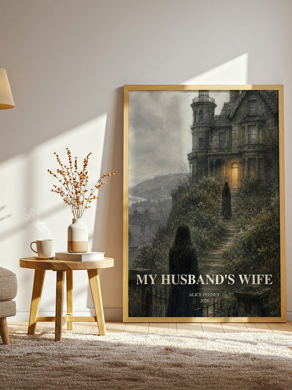 My Husband'S Wife watercolour print in frame leaning in hallway – thriller wall art