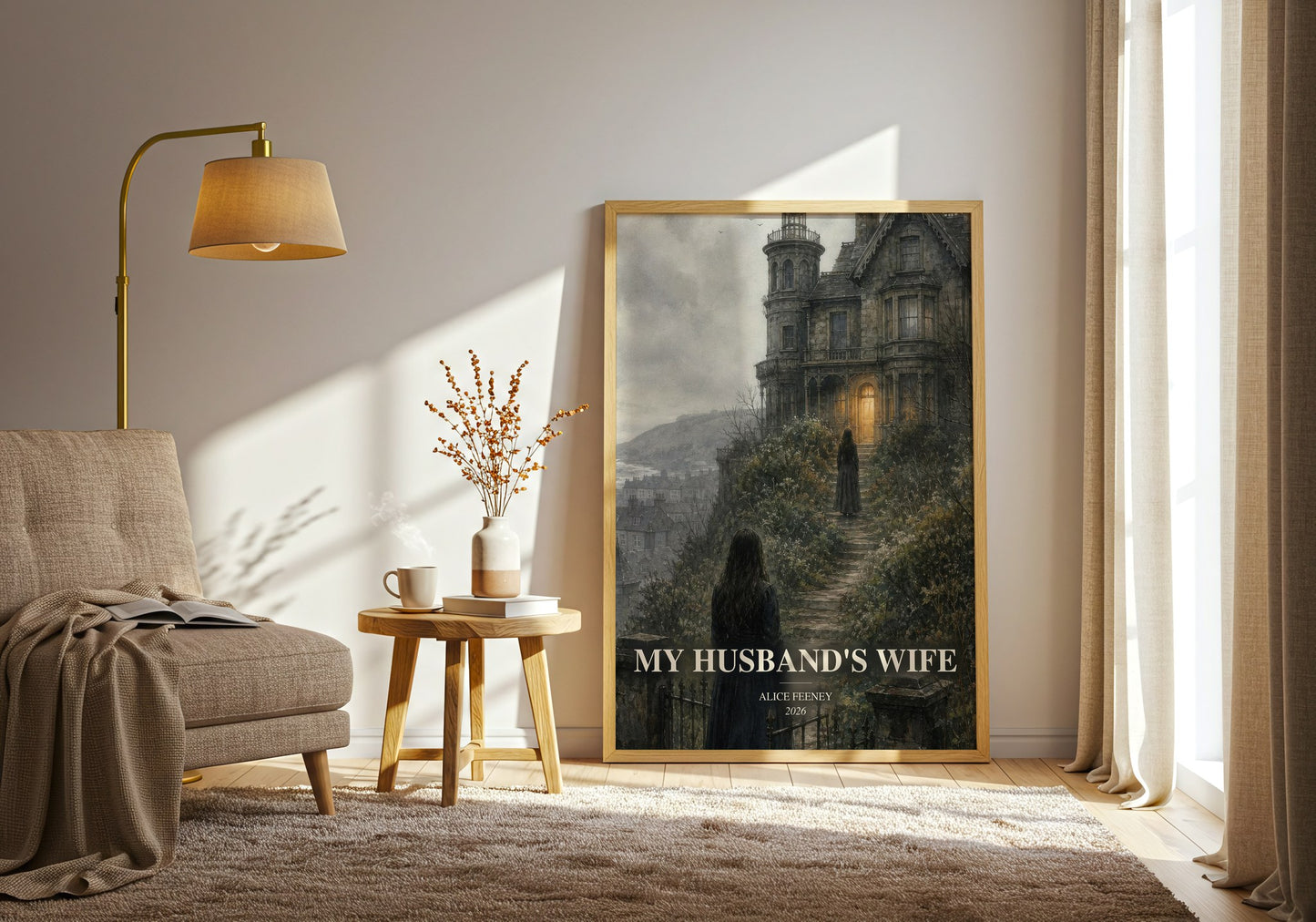 My Husband'S Wife watercolour print in frame leaning in hallway – thriller wall art