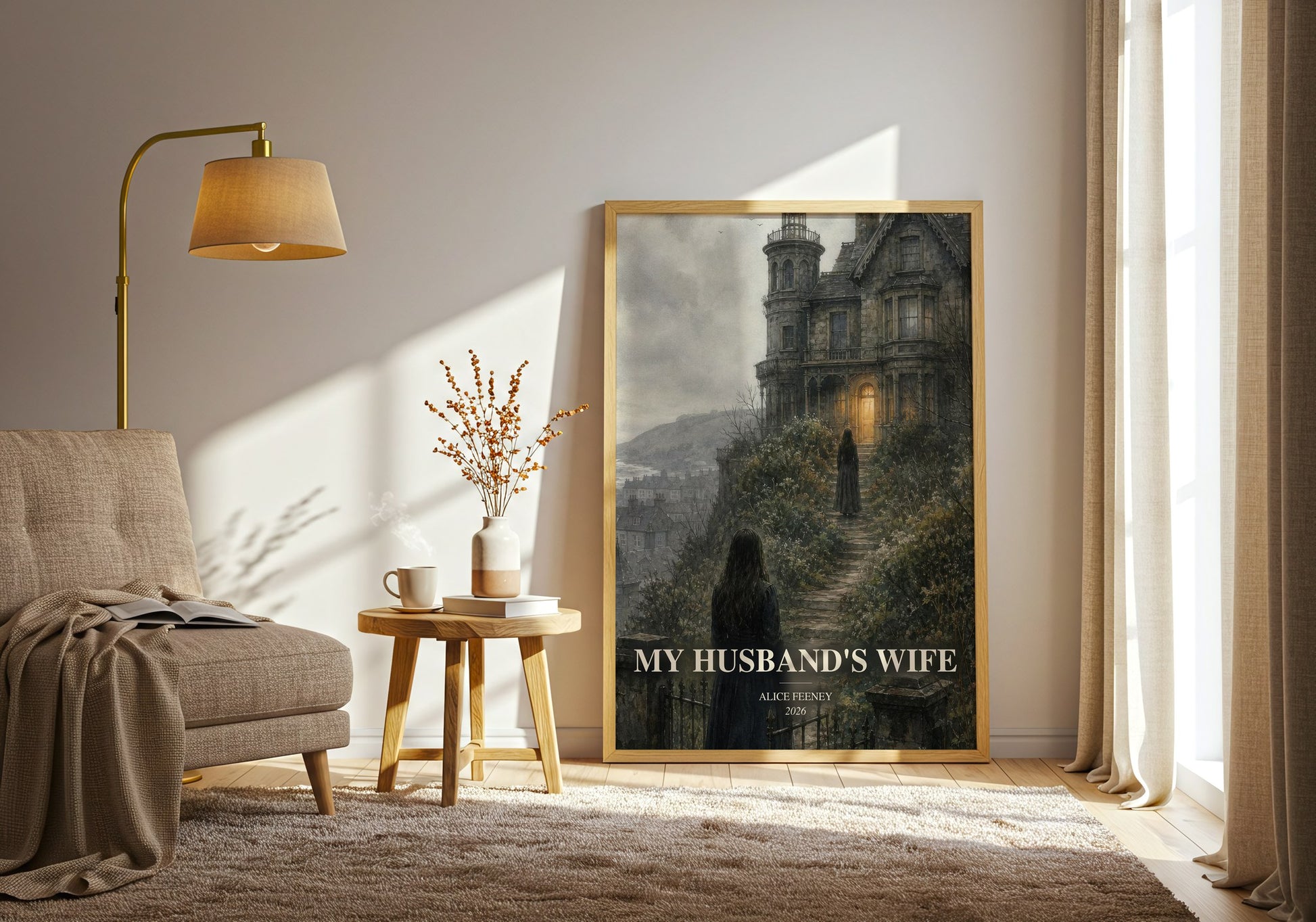 My Husband'S Wife watercolour print in frame leaning in hallway – thriller wall art