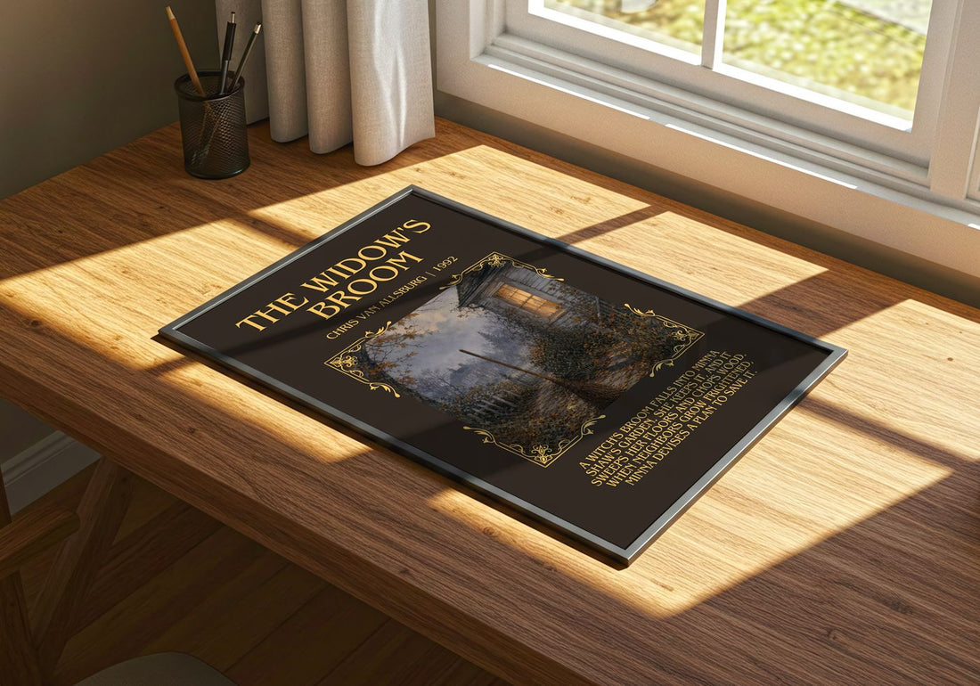 The Widow'S Broom Minimalist Book Poster by Chris Van Allsburg – print on a sunlit desk