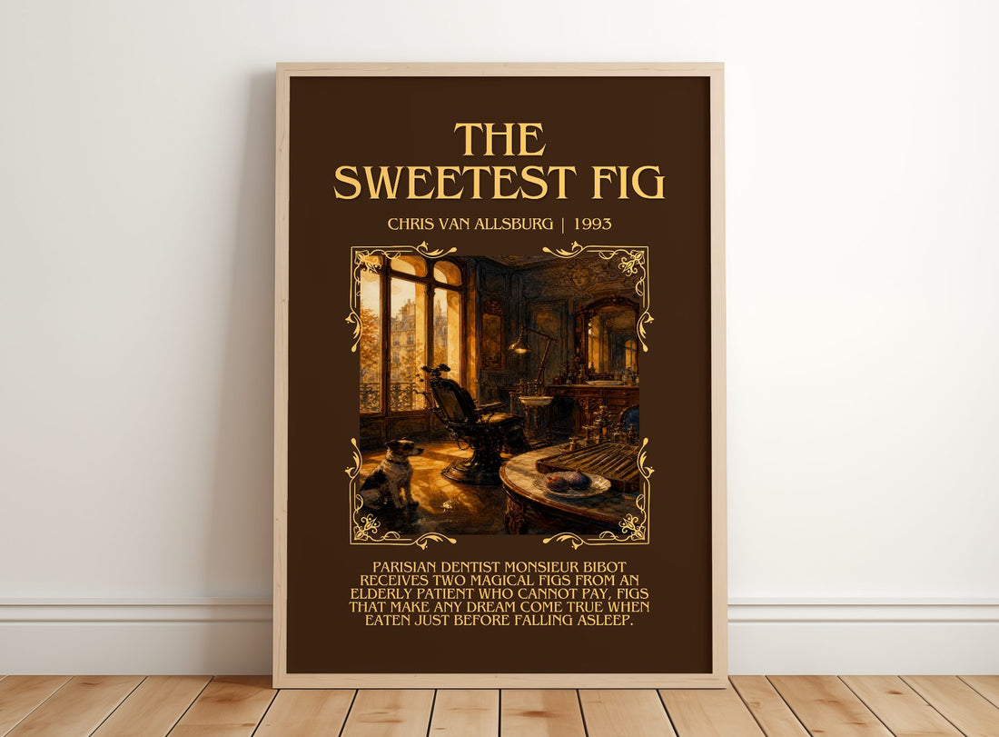 The Sweetest Fig Minimalist Book Poster by Chris Van Allsburg – framed print leaning on a wooden floor