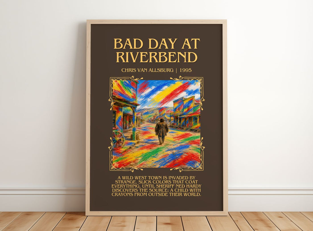 Bad Day At Riverbend Minimalist Book Poster by Chris Van Allsburg – framed print leaning on a wooden floor