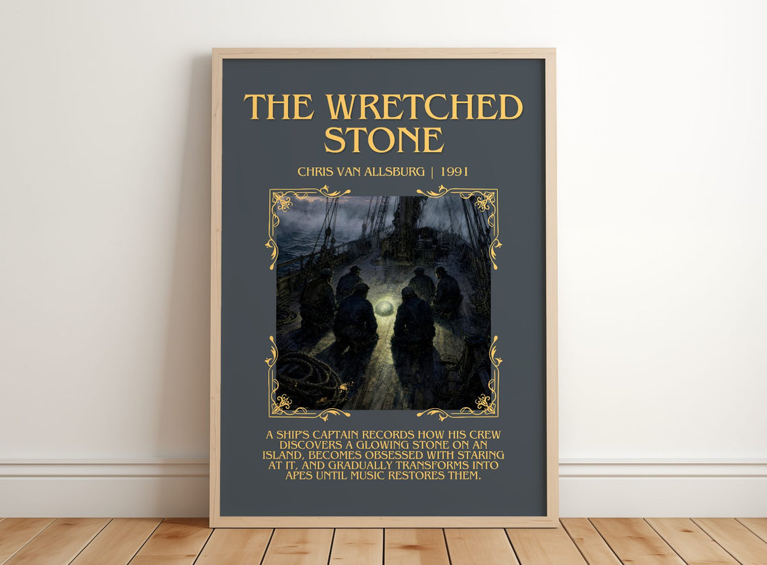 The Wretched Stone Minimalist Book Poster by Chris Van Allsburg – framed print leaning on a wooden floor