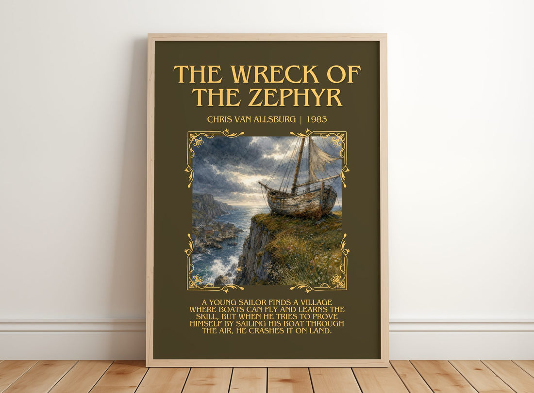 The Wreck Of The Zephyr Minimalist Book Poster by Chris Van Allsburg – framed print leaning on a wooden floor
