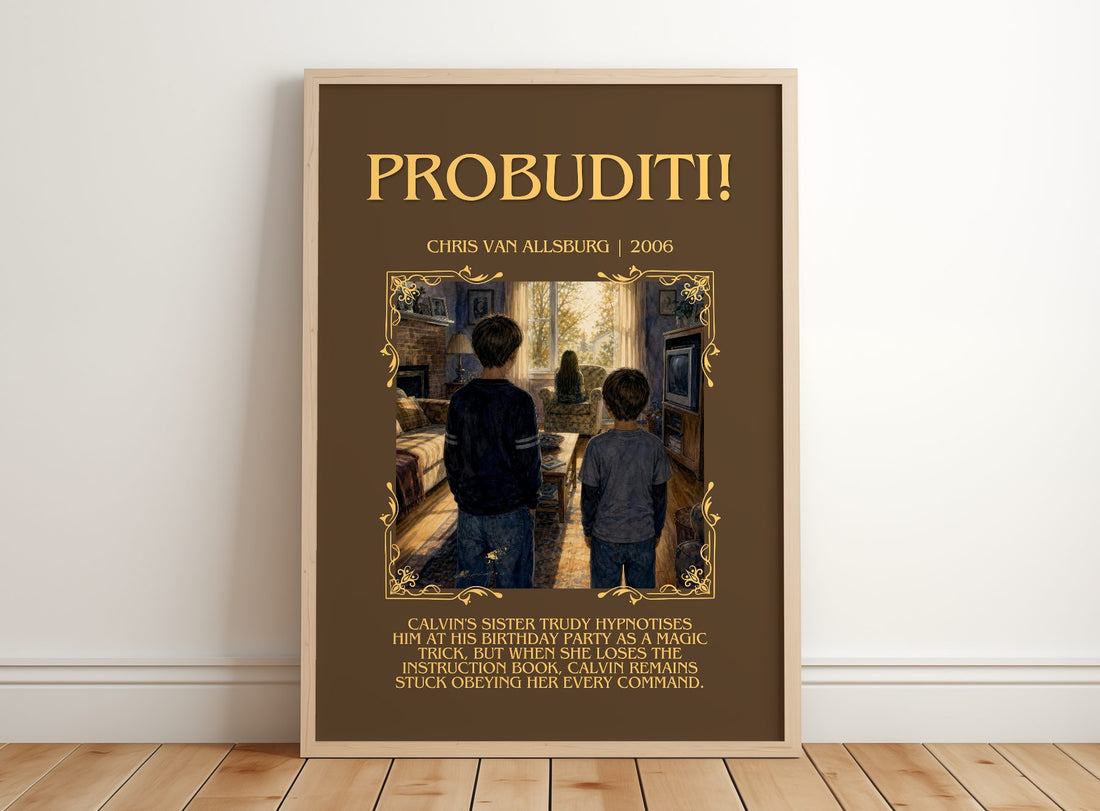 Probuditi! Minimalist Book Poster by Chris Van Allsburg – framed print leaning on a wooden floor