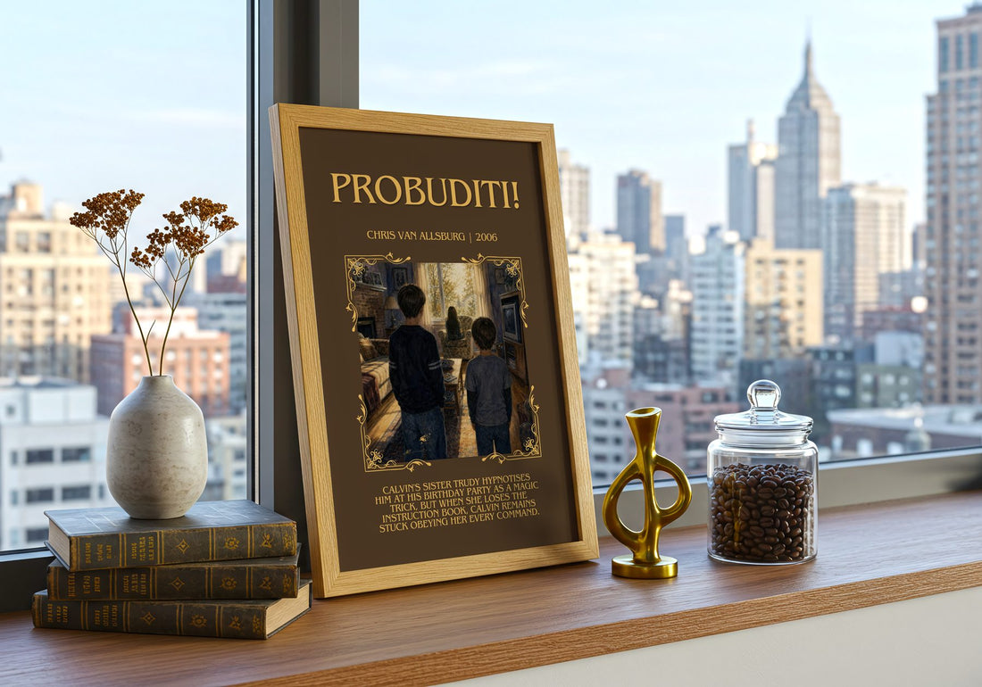 Probuditi! Minimalist Book Poster by Chris Van Allsburg – framed print on a city-view windowsill