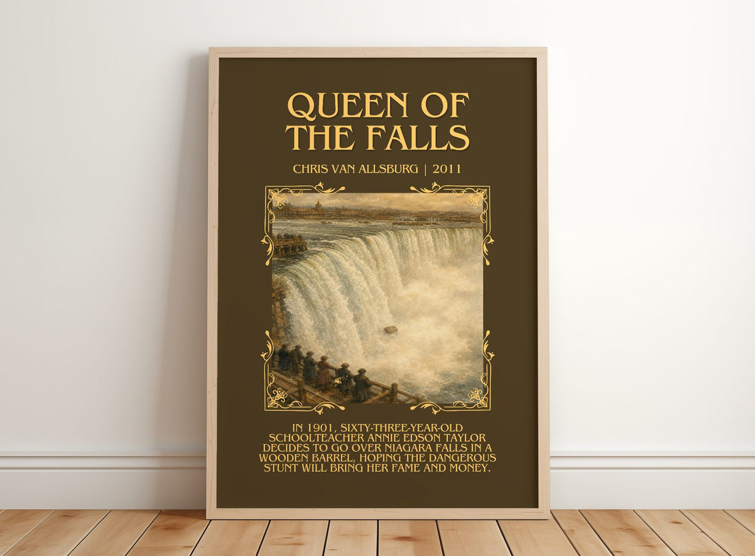 Queen Of The Falls Minimalist Book Poster by Chris Van Allsburg – framed print leaning on a wooden floor
