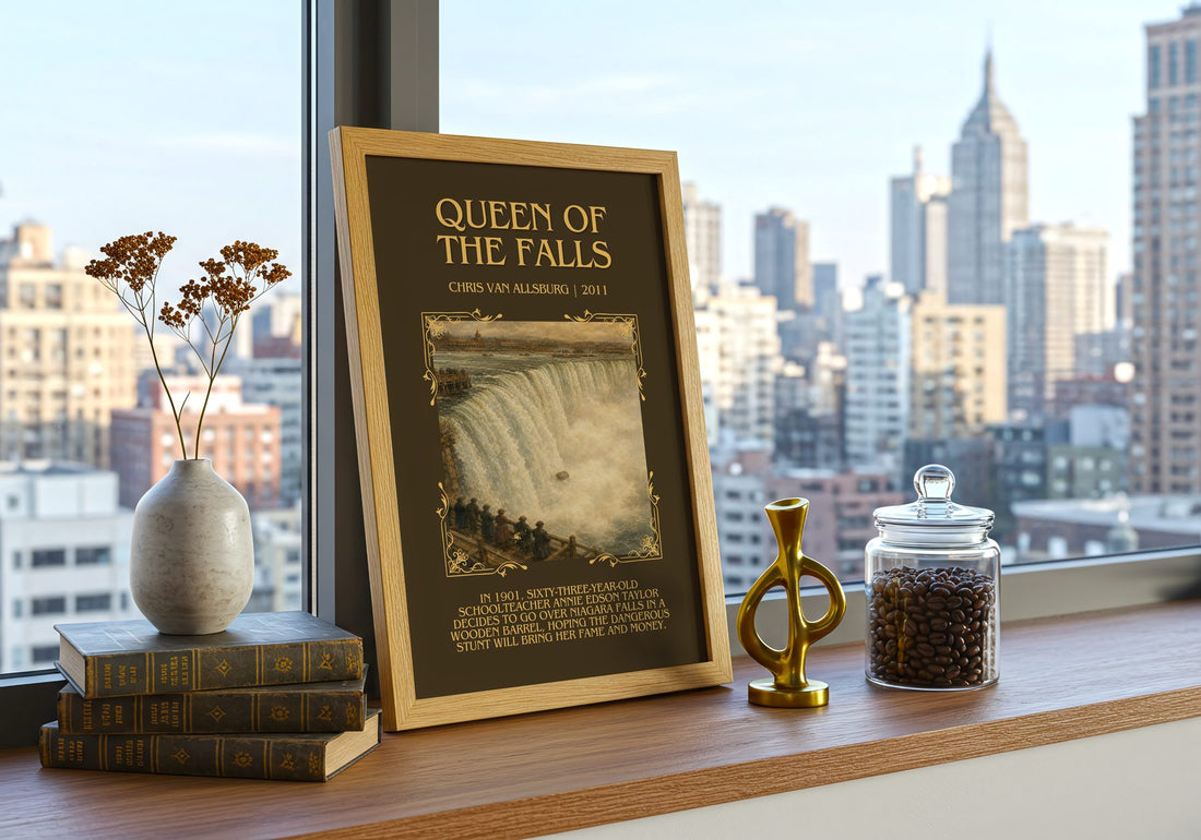 Queen Of The Falls Minimalist Book Poster by Chris Van Allsburg – framed print on a city-view windowsill