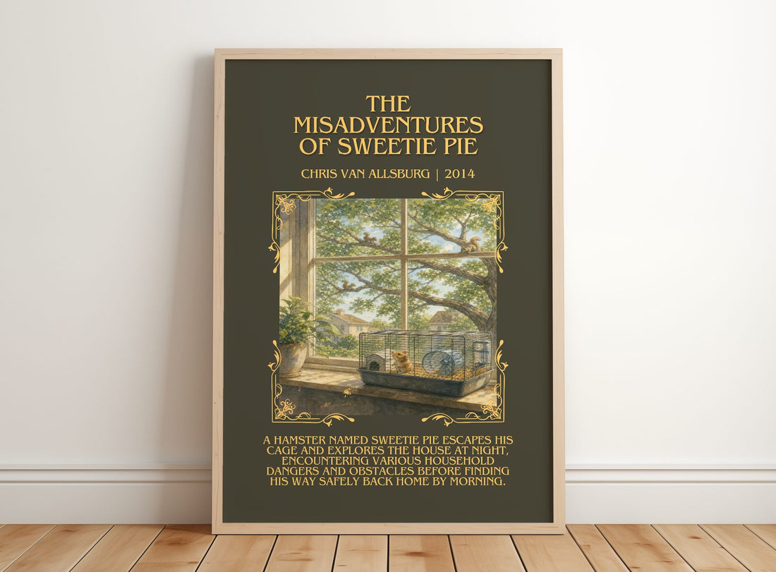 Misadventures Of Sweetie Pie Minimalist Book Poster by C. Allsburg – framed print leaning on a wooden floor