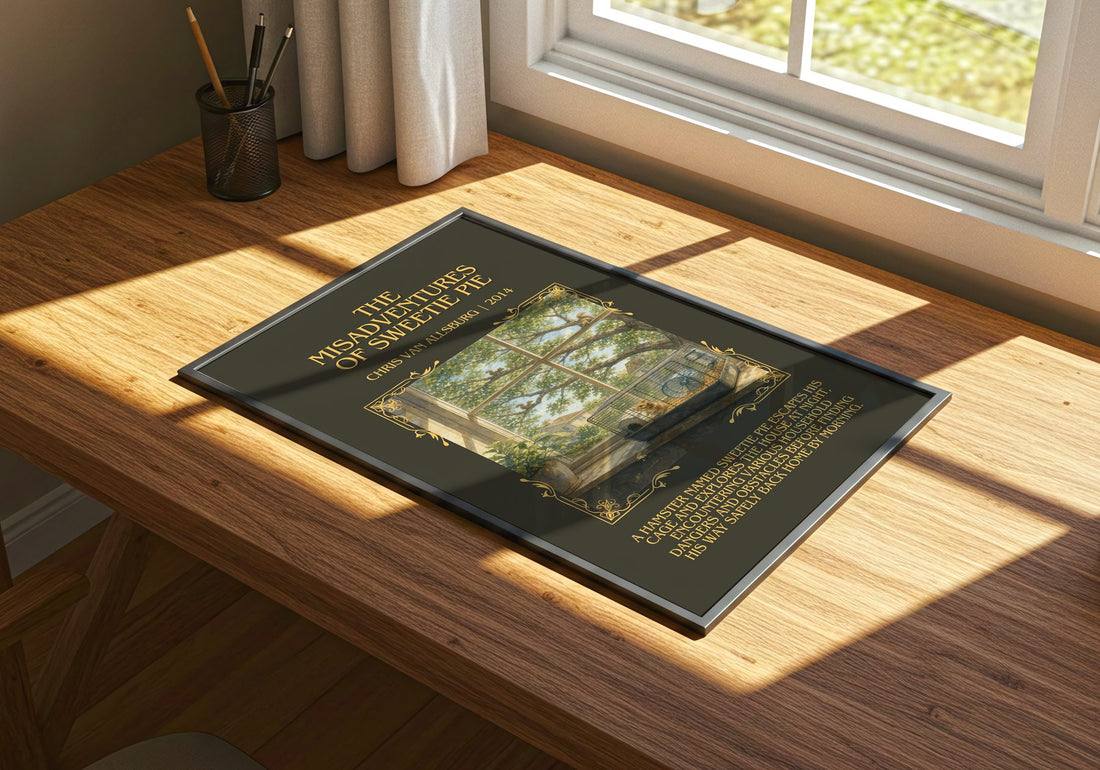 Misadventures Of Sweetie Pie Minimalist Book Poster by C. Allsburg – print on a sunlit desk