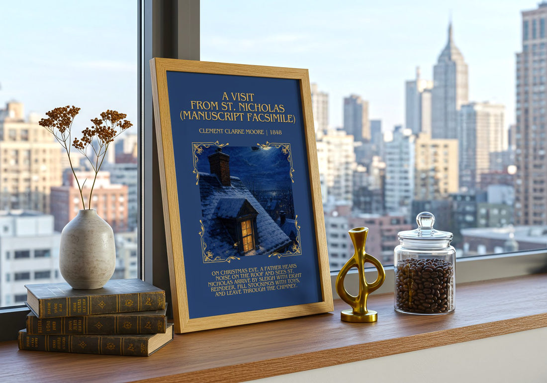 Visit From St. Nicholas (Manuscript Facsimile) Minimalist Book Poster – framed print on a city-view windowsill