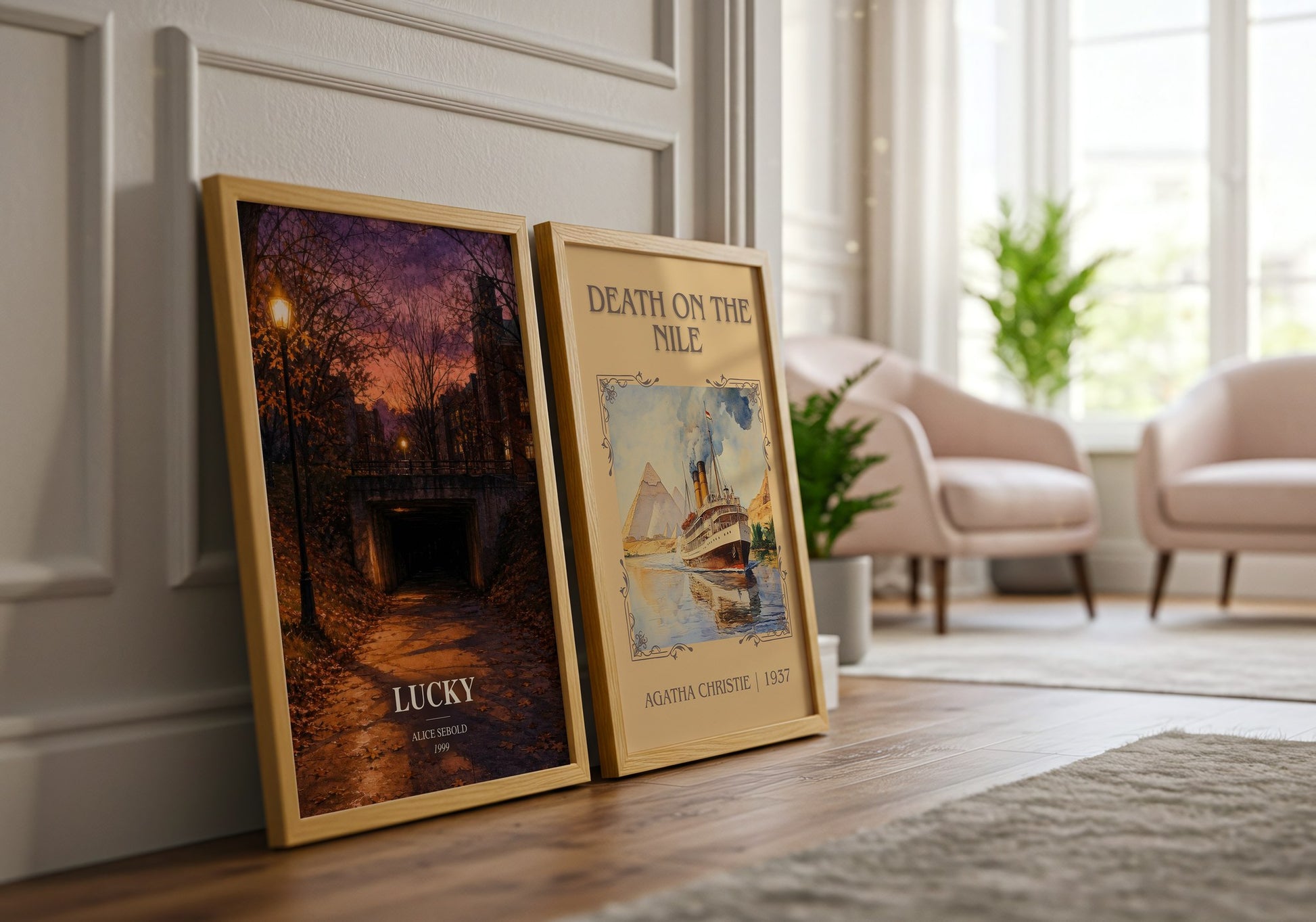 Lucky watercolour print framed by window – literary home decor