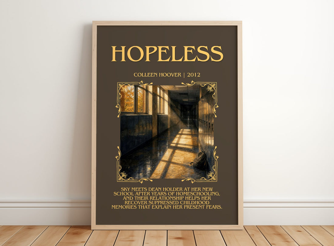 Hopeless Minimalist Book Poster by Colleen Hoover – framed print leaning on a wooden floor