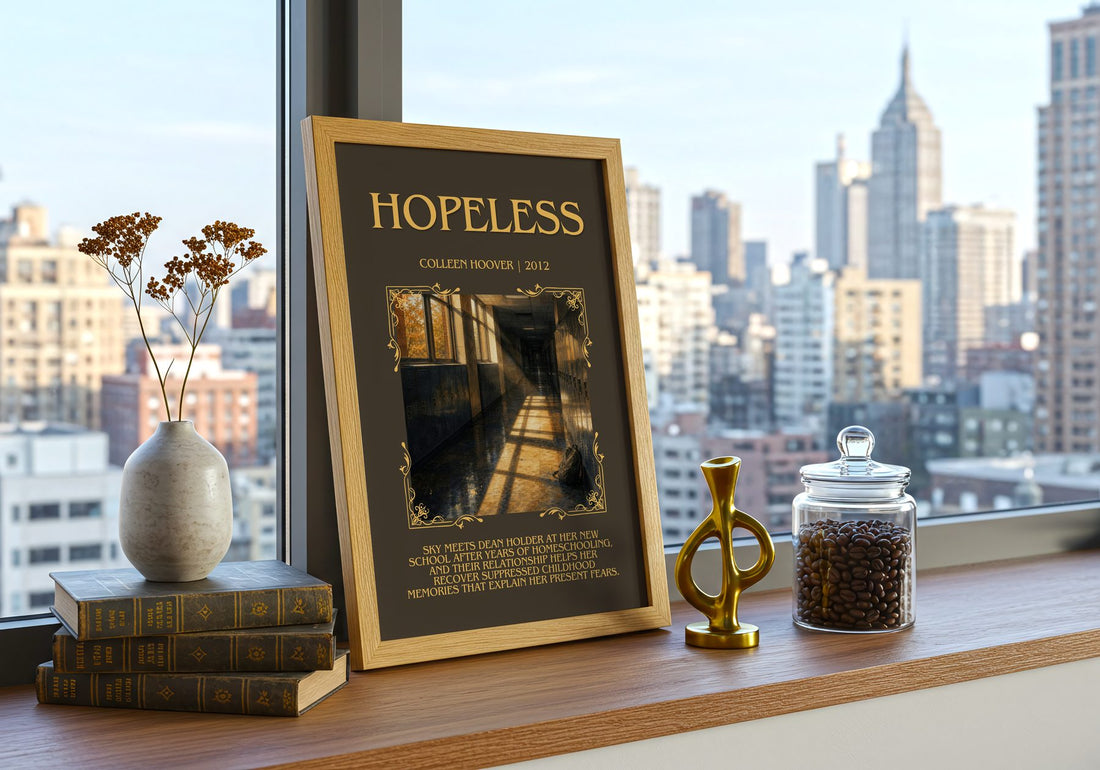 Hopeless Minimalist Book Poster by Colleen Hoover – framed print on a city-view windowsill