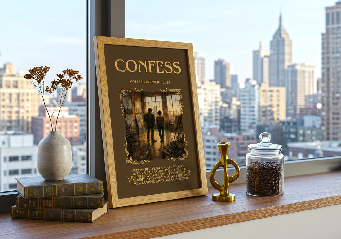 Confess Minimalist Book Poster by Colleen Hoover – framed print on a city-view windowsill