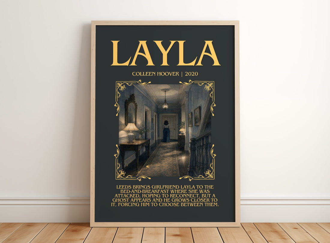 Layla Minimalist Book Poster by Colleen Hoover – framed print leaning on a wooden floor