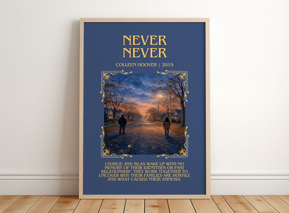 Never Never Minimalist Book Poster by Colleen Hoover – framed print leaning on a wooden floor